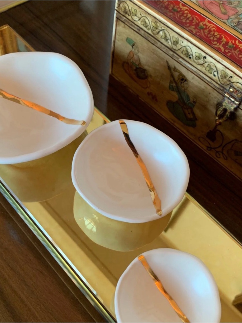 NEW |Ceramic Nesting Pinch Bowl Set w/ Gold Luster Detail | Jewelry Dish Decor